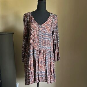 Sanctuary Blue &  Rust 2 Pocket  3/4 Sleeve Tunic/Mini Dress
